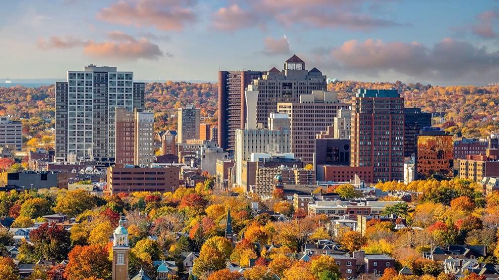 The New Haven, Connecticut skyline surrounded by autumn trees